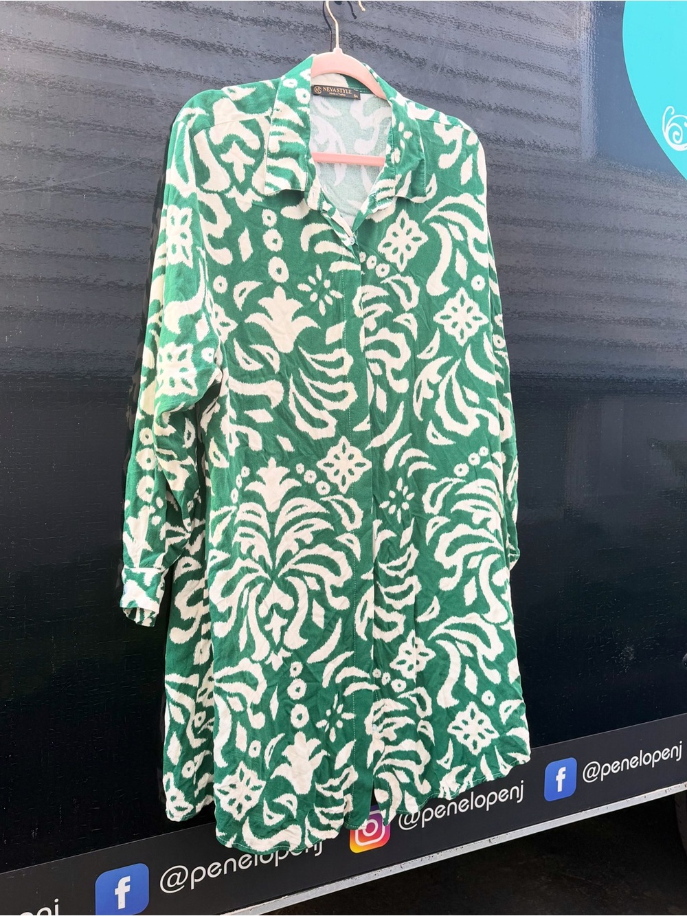 Green and White Patterned Shirt Dress